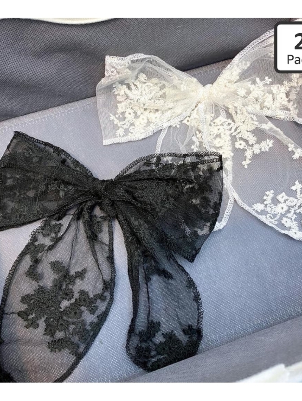 Lace Bow Hair Clips - Black & White Pair